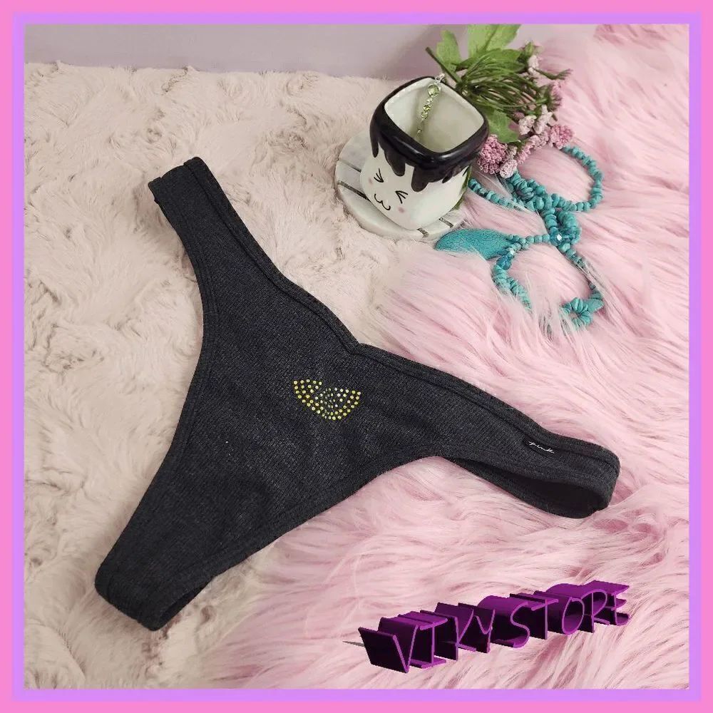 NWT VS Pink Black Tanga: Medium Yellow Crystals - Chic Glamour! NWT